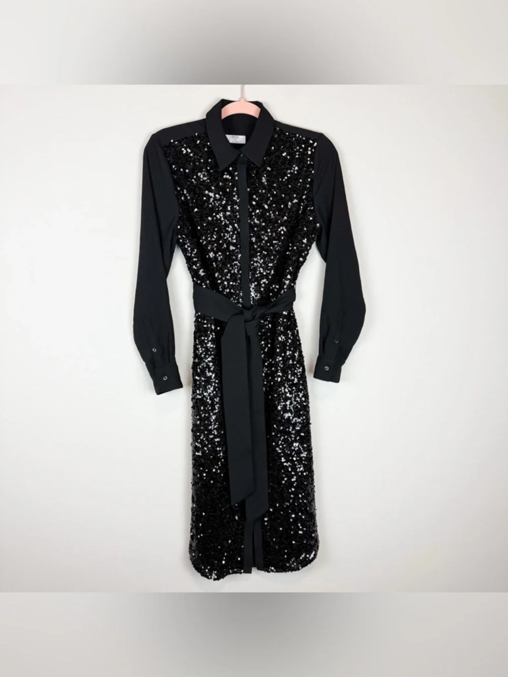 Untuckit Black Sequin Crepe Lexie Shirt Dress Long Sleeve Midi Size 6 - Picture 3 of 11